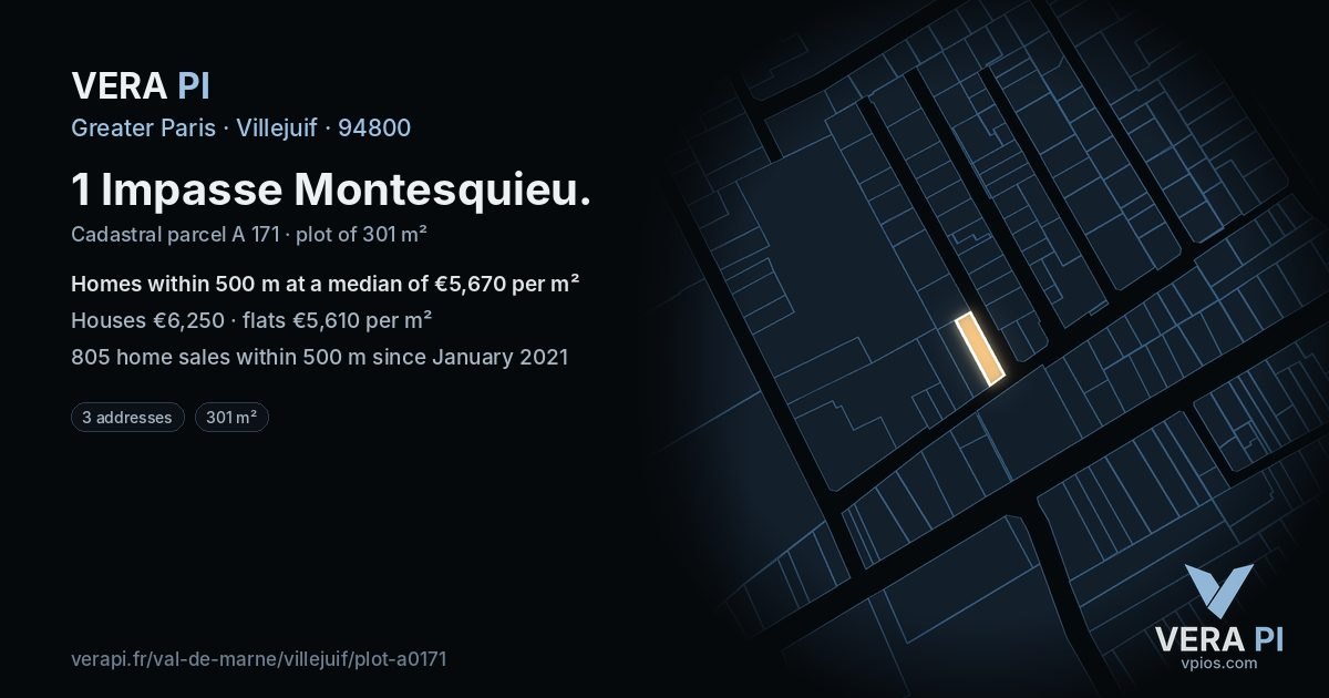 1 Impasse Montesquieu, Villejuif at night – the plot lit, the parcels around coloured by the prices near them