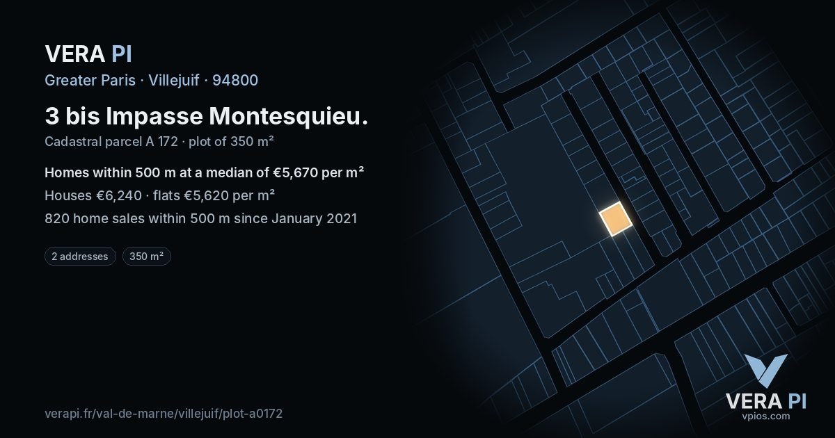 3 bis Impasse Montesquieu, Villejuif at night – the plot lit, the parcels around coloured by the prices near them