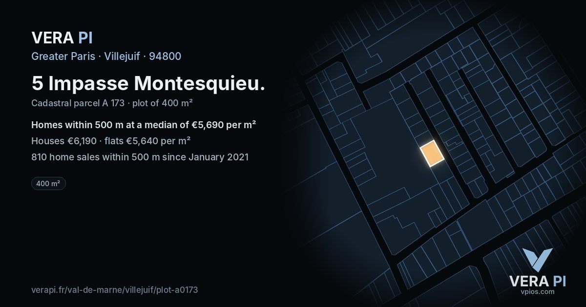 5 Impasse Montesquieu, Villejuif at night – the plot lit, the parcels around coloured by the prices near them