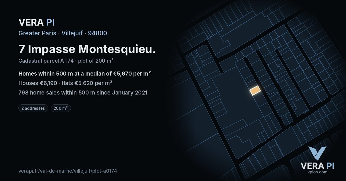 7 Impasse Montesquieu, Villejuif at night – the plot lit, the parcels around coloured by the prices near them