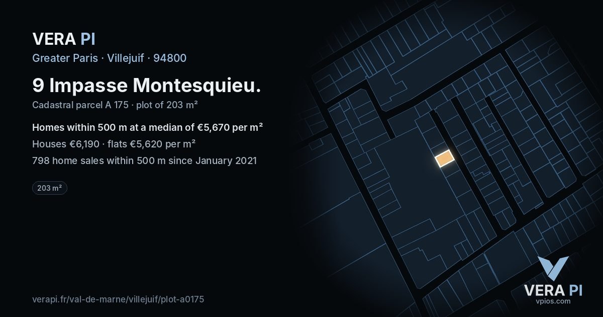 9 Impasse Montesquieu, Villejuif at night – the plot lit, the parcels around coloured by the prices near them