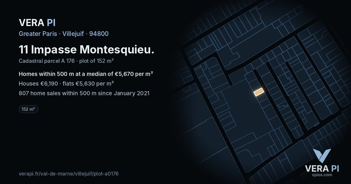 11 Impasse Montesquieu, Villejuif at night – the plot lit, the parcels around coloured by the prices near them