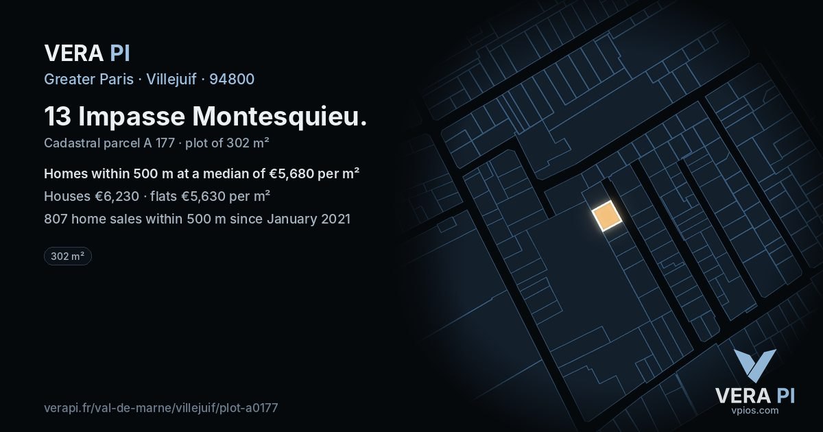 13 Impasse Montesquieu, Villejuif at night – the plot lit, the parcels around coloured by the prices near them