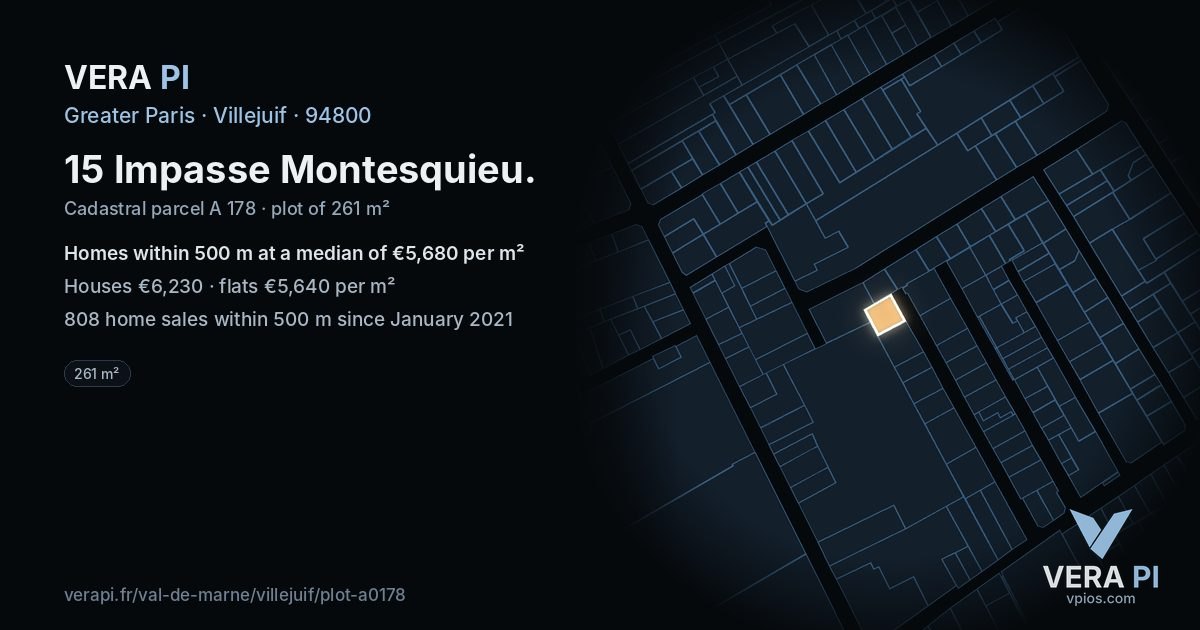15 Impasse Montesquieu, Villejuif at night – the plot lit, the parcels around coloured by the prices near them