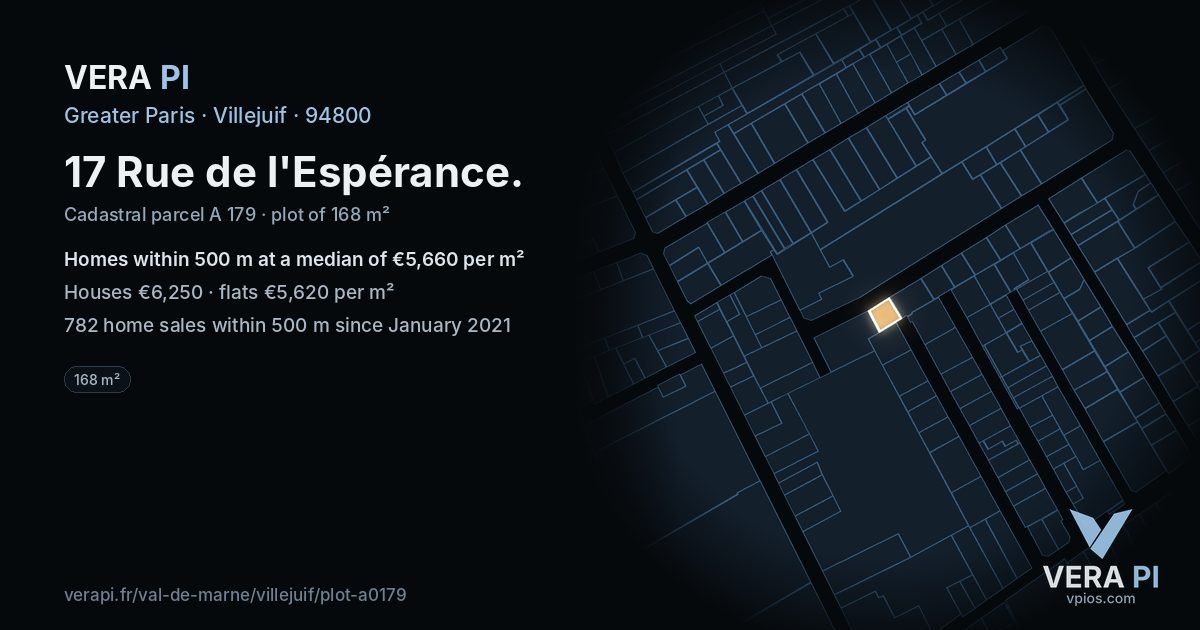 17 Rue de l'Espérance, Villejuif at night – the plot lit, the parcels around coloured by the prices near them