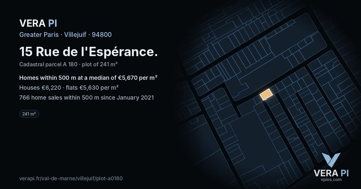 15 Rue de l'Espérance, Villejuif at night – the plot lit, the parcels around coloured by the prices near them