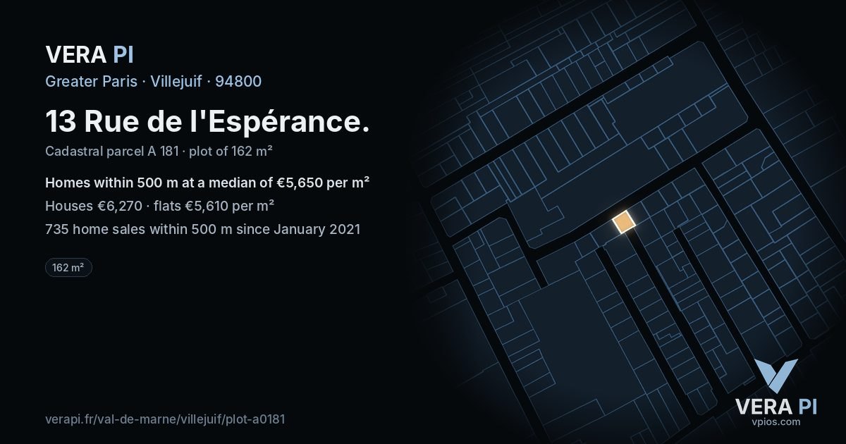 13 Rue de l'Espérance, Villejuif at night – the plot lit, the parcels around coloured by the prices near them