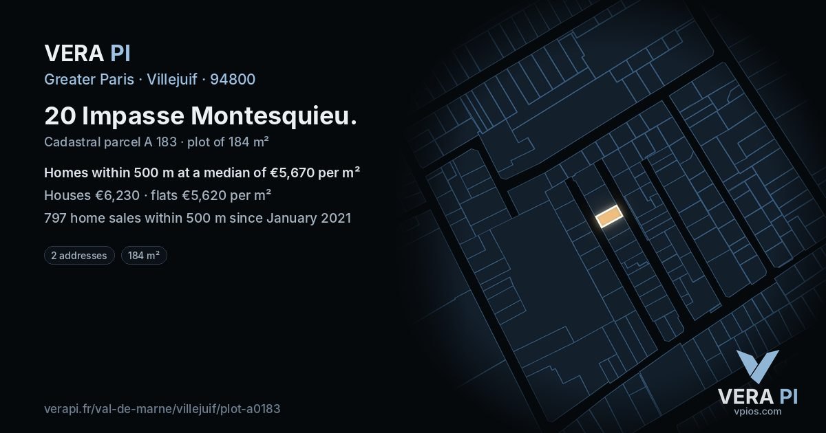 20 Impasse Montesquieu, Villejuif at night – the plot lit, the parcels around coloured by the prices near them