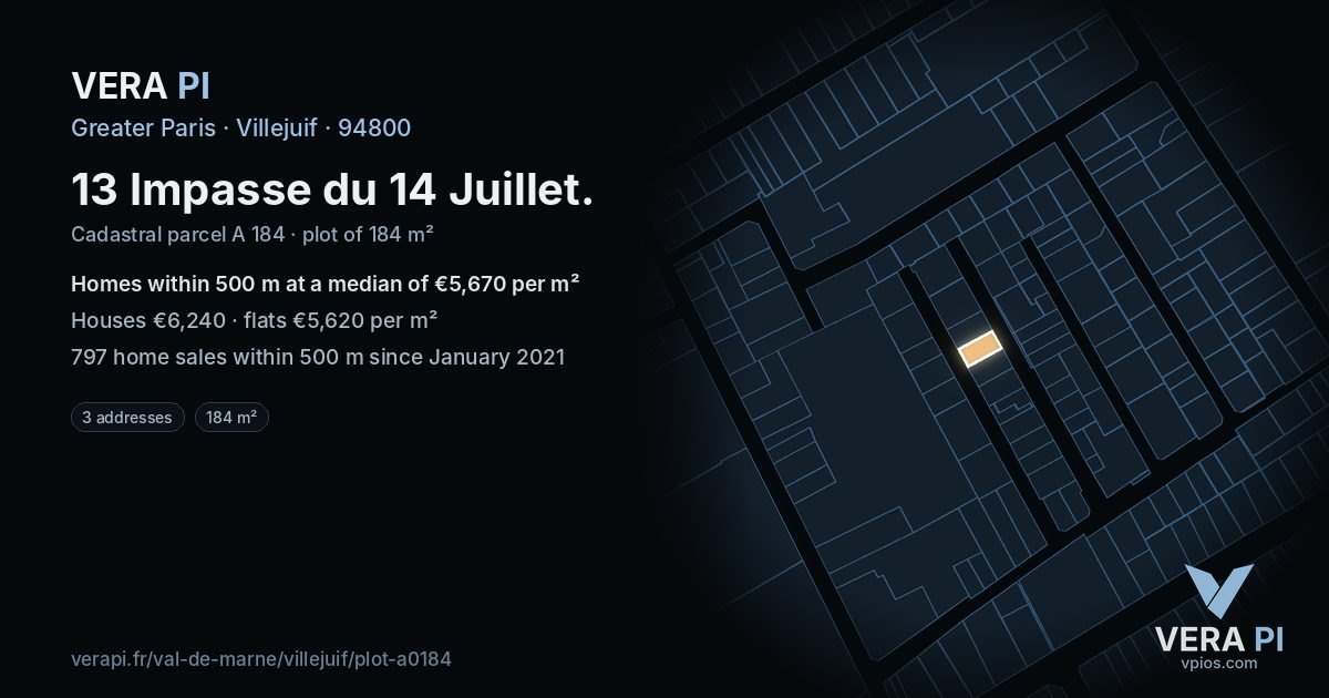 13 Impasse du 14 Juillet, Villejuif at night – the plot lit, the parcels around coloured by the prices near them