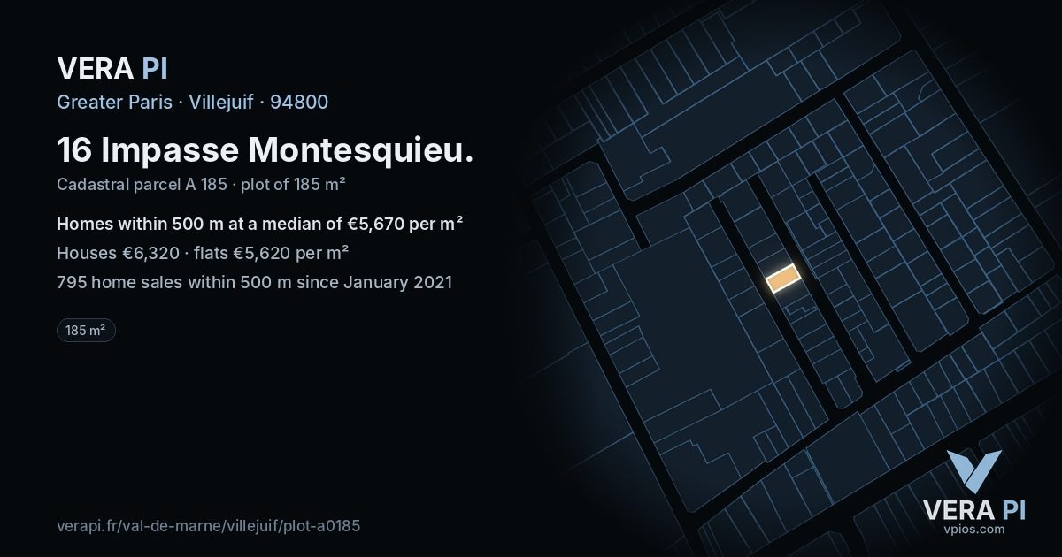 16 Impasse Montesquieu, Villejuif at night – the plot lit, the parcels around coloured by the prices near them