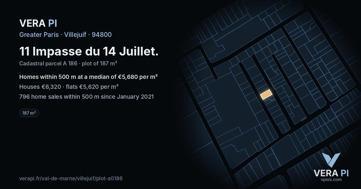 11 Impasse du 14 Juillet, Villejuif at night – the plot lit, the parcels around coloured by the prices near them