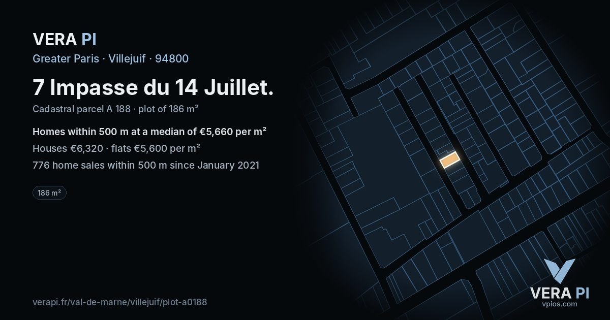 7 Impasse du 14 Juillet, Villejuif at night – the plot lit, the parcels around coloured by the prices near them