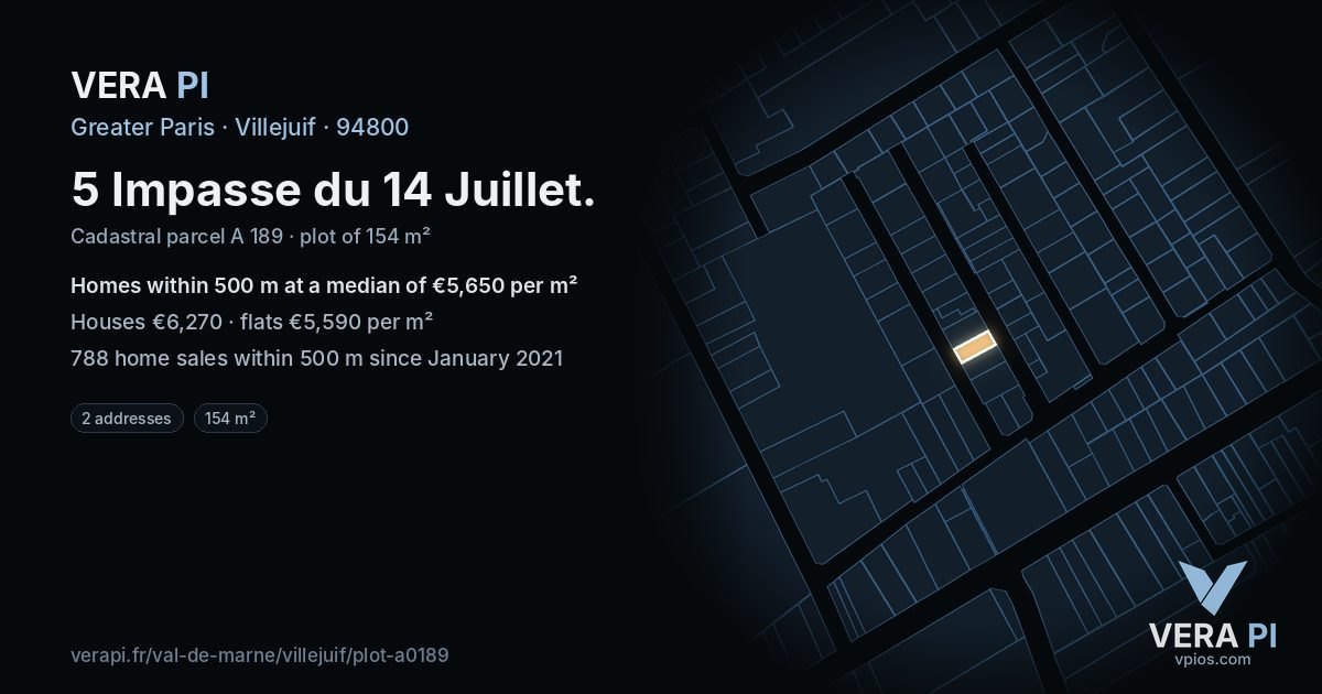 5 Impasse du 14 Juillet, Villejuif at night – the plot lit, the parcels around coloured by the prices near them