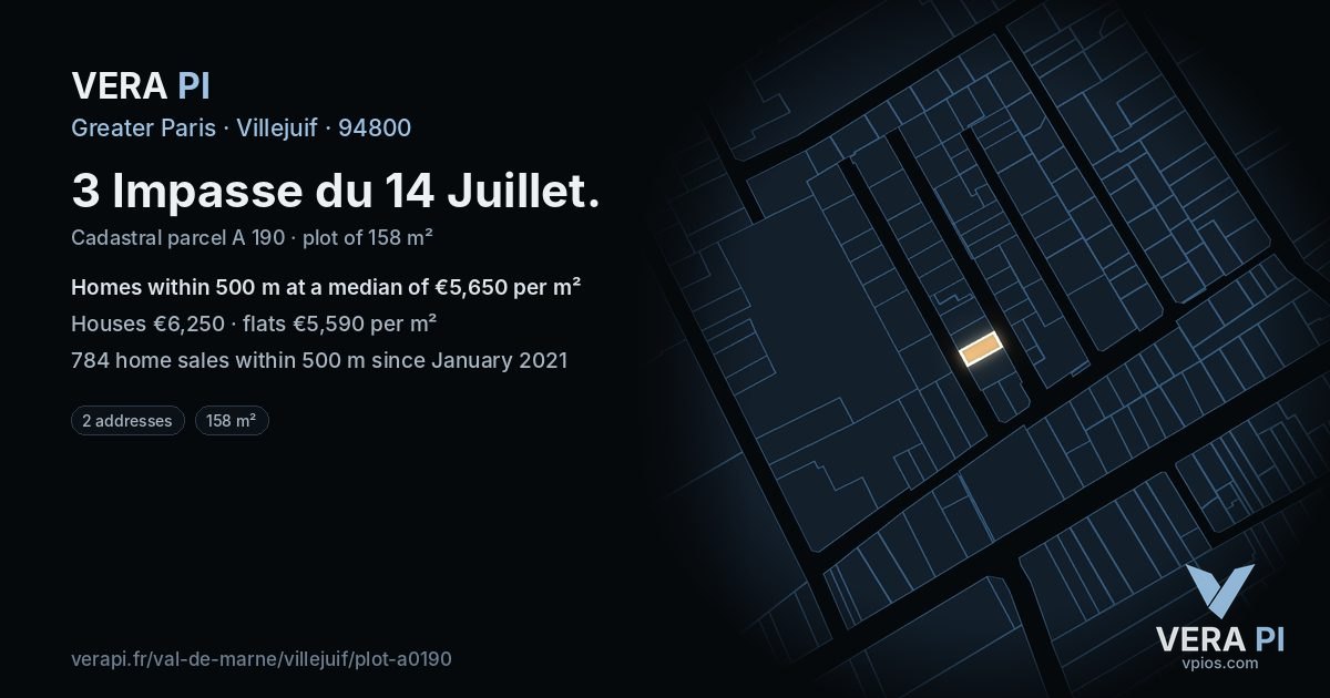 3 Impasse du 14 Juillet, Villejuif at night – the plot lit, the parcels around coloured by the prices near them