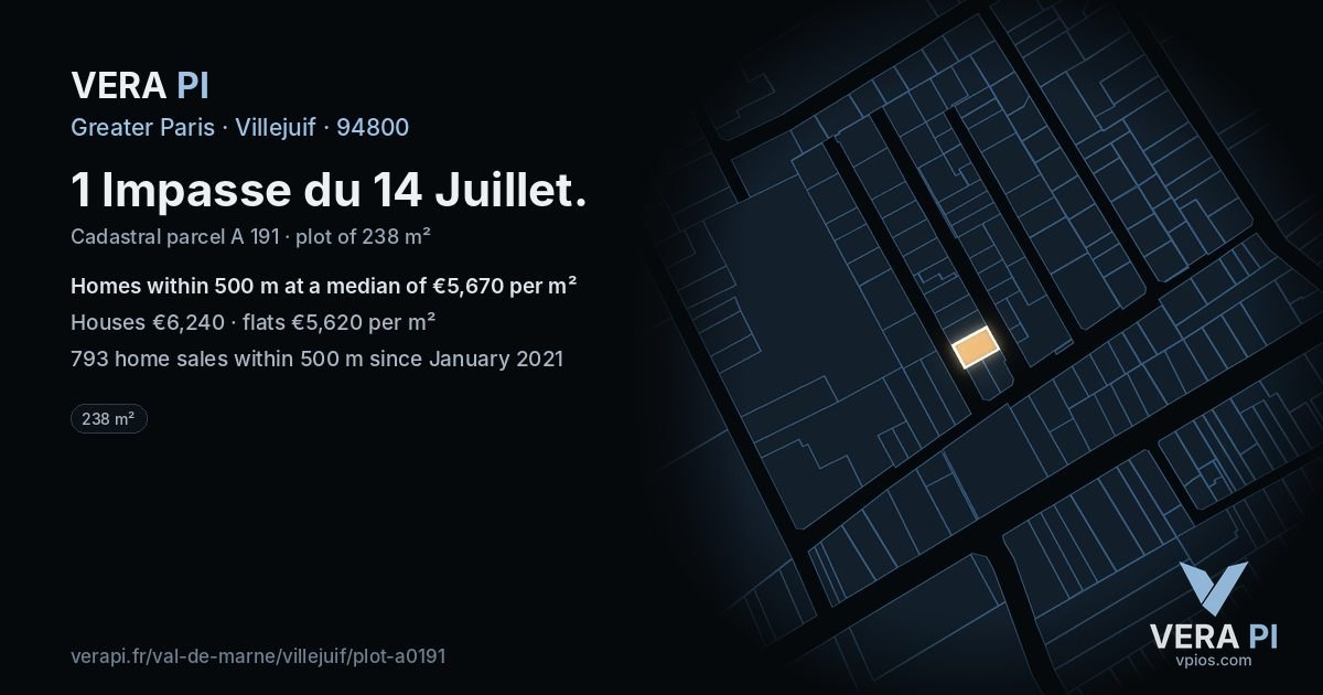 1 Impasse du 14 Juillet, Villejuif at night – the plot lit, the parcels around coloured by the prices near them