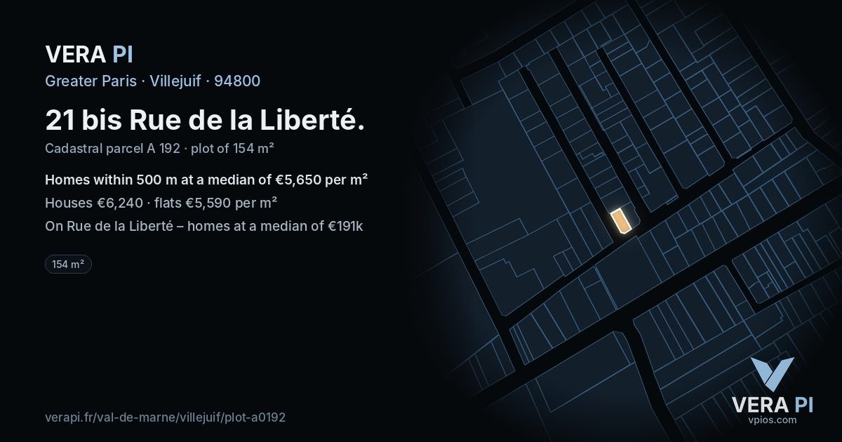 21 bis Rue de la Liberté, Villejuif at night – the plot lit, the parcels around coloured by the prices near them