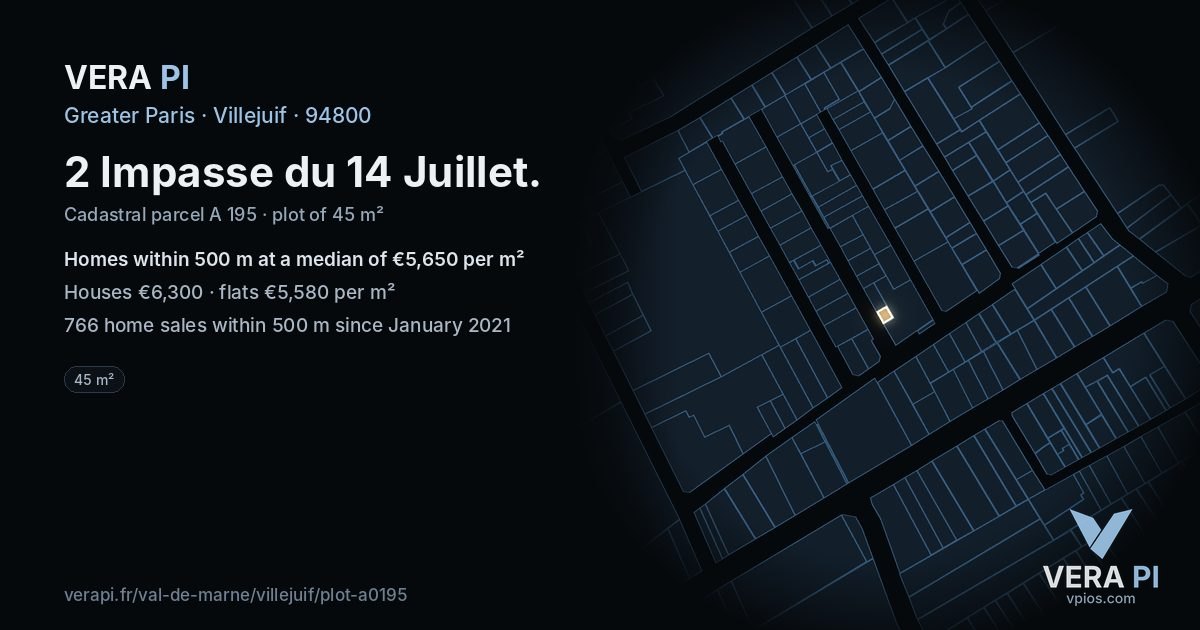2 Impasse du 14 Juillet, Villejuif at night – the plot lit, the parcels around coloured by the prices near them