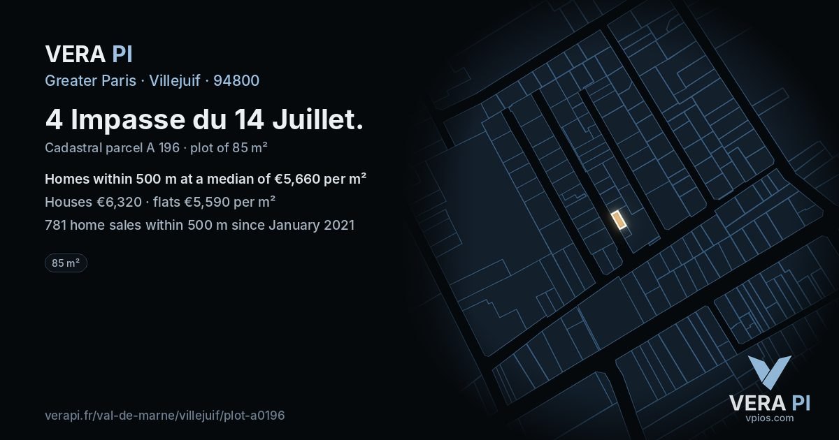 4 Impasse du 14 Juillet, Villejuif at night – the plot lit, the parcels around coloured by the prices near them