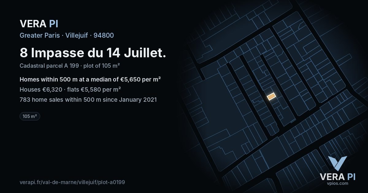 8 Impasse du 14 Juillet, Villejuif at night – the plot lit, the parcels around coloured by the prices near them