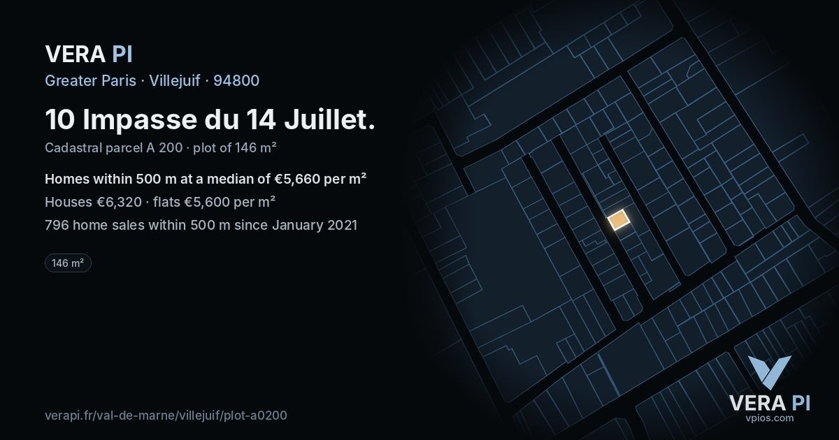10 Impasse du 14 Juillet, Villejuif at night – the plot lit, the parcels around coloured by the prices near them