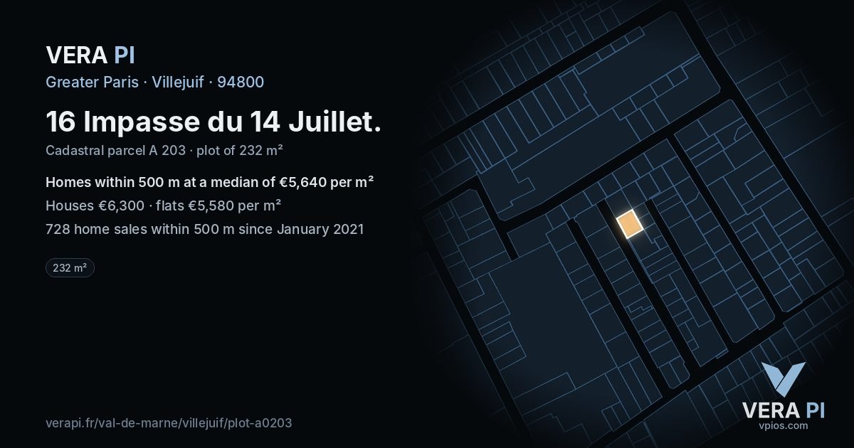 16 Impasse du 14 Juillet, Villejuif at night – the plot lit, the parcels around coloured by the prices near them