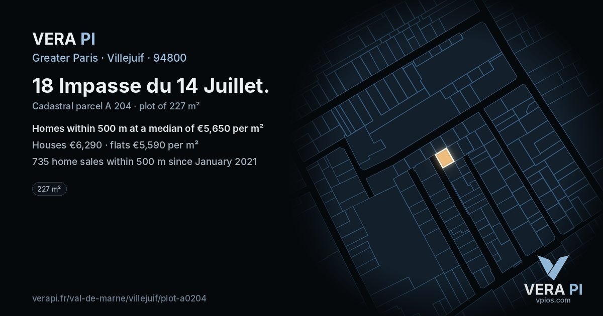 18 Impasse du 14 Juillet, Villejuif at night – the plot lit, the parcels around coloured by the prices near them
