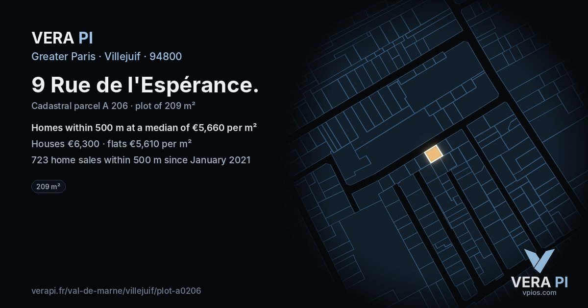 9 Rue de l'Espérance, Villejuif at night – the plot lit, the parcels around coloured by the prices near them