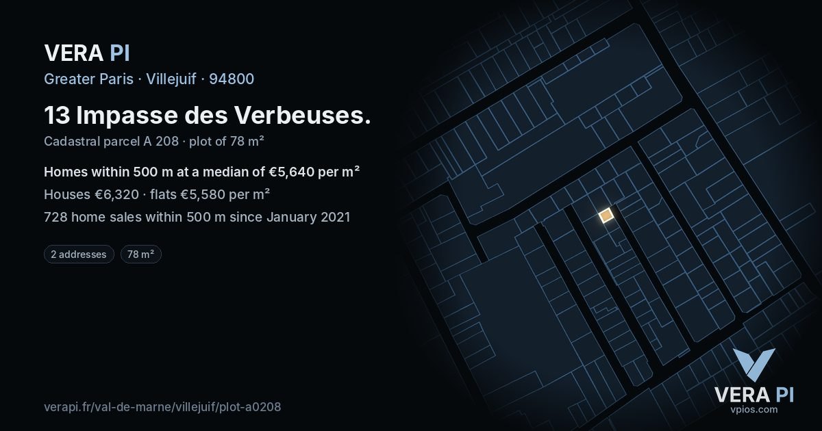 13 Impasse des Verbeuses, Villejuif at night – the plot lit, the parcels around coloured by the prices near them