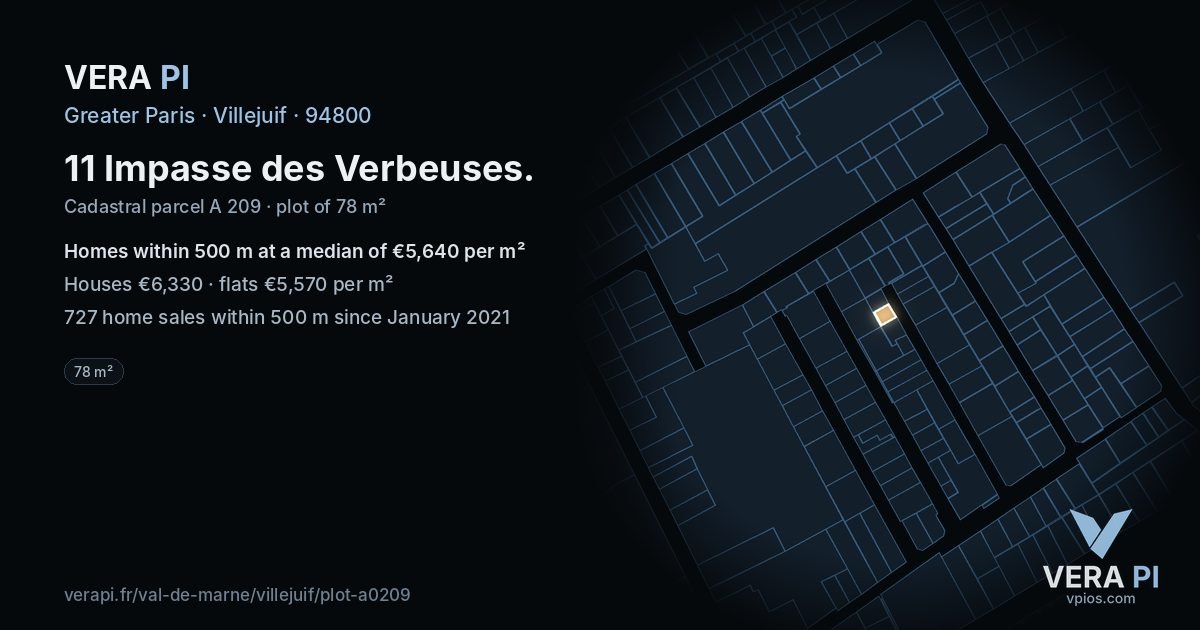 11 Impasse des Verbeuses, Villejuif at night – the plot lit, the parcels around coloured by the prices near them