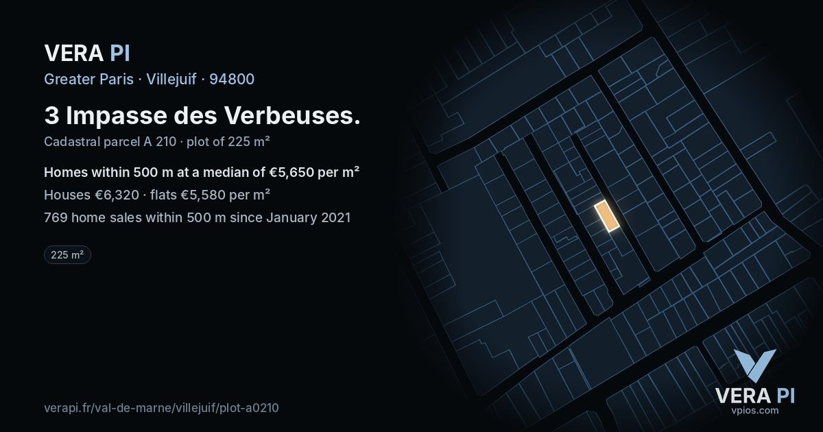 3 Impasse des Verbeuses, Villejuif at night – the plot lit, the parcels around coloured by the prices near them