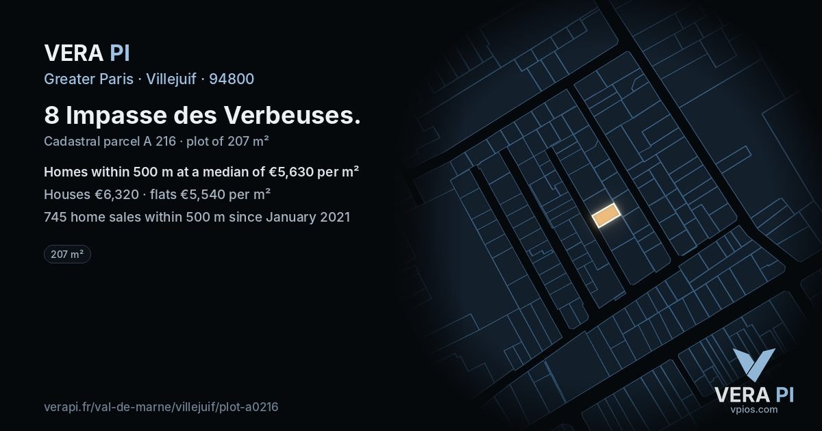8 Impasse des Verbeuses, Villejuif at night – the plot lit, the parcels around coloured by the prices near them