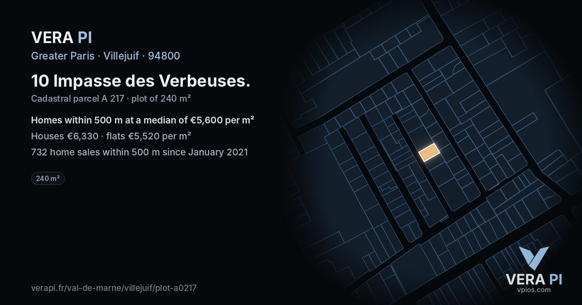 10 Impasse des Verbeuses, Villejuif at night – the plot lit, the parcels around coloured by the prices near them