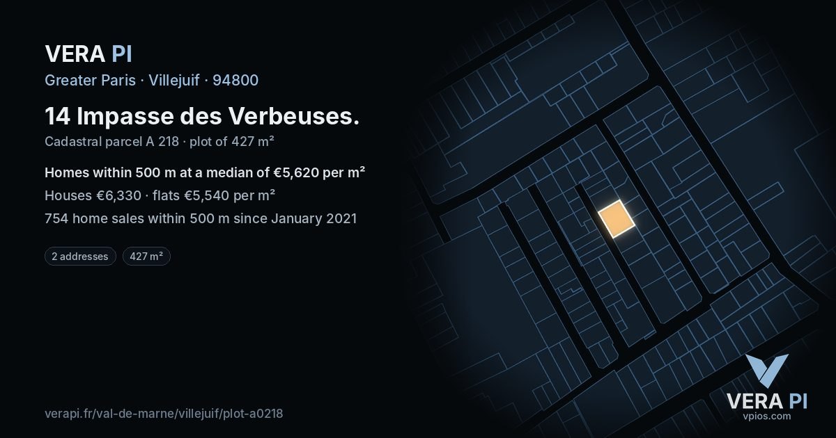 14 Impasse des Verbeuses, Villejuif at night – the plot lit, the parcels around coloured by the prices near them