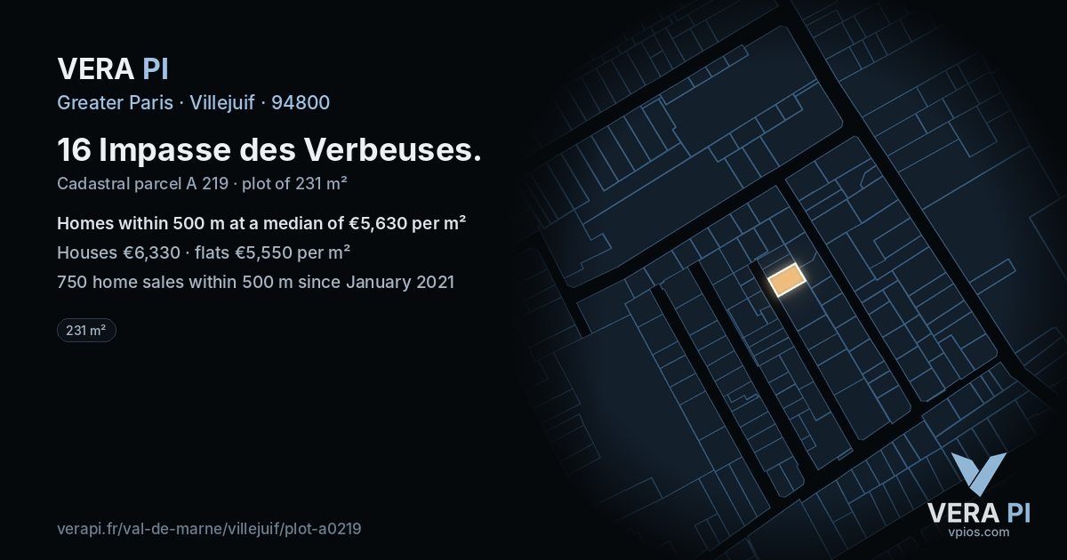 16 Impasse des Verbeuses, Villejuif at night – the plot lit, the parcels around coloured by the prices near them