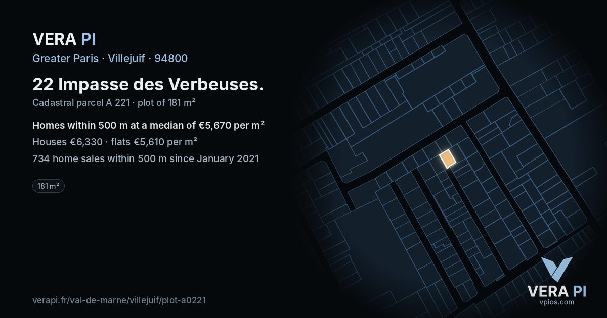 22 Impasse des Verbeuses, Villejuif at night – the plot lit, the parcels around coloured by the prices near them