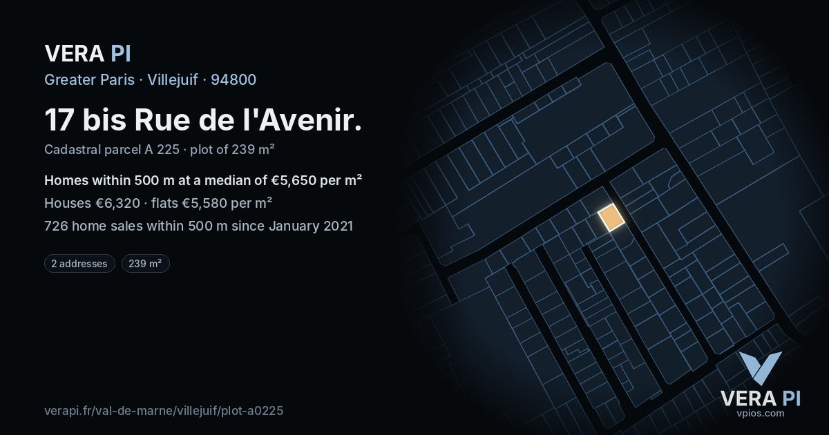 17 bis Rue de l'Avenir, Villejuif at night – the plot lit, the parcels around coloured by the prices near them