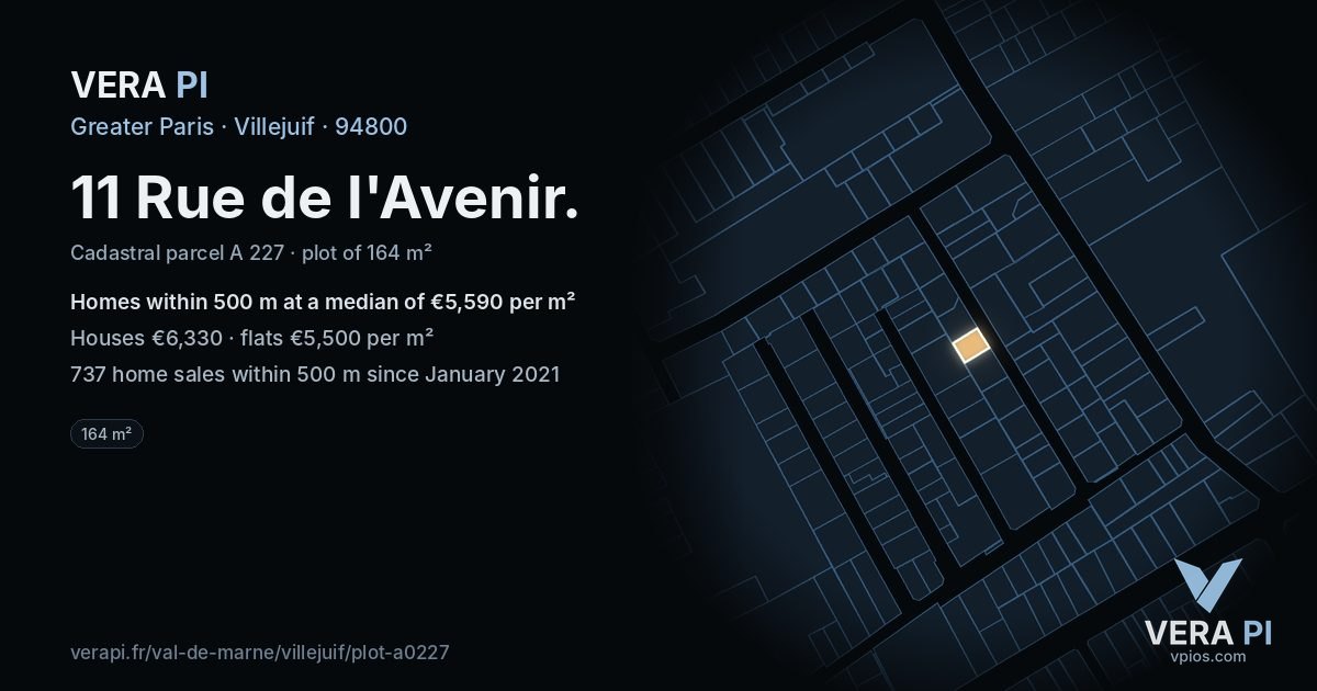 11 Rue de l'Avenir, Villejuif at night – the plot lit, the parcels around coloured by the prices near them