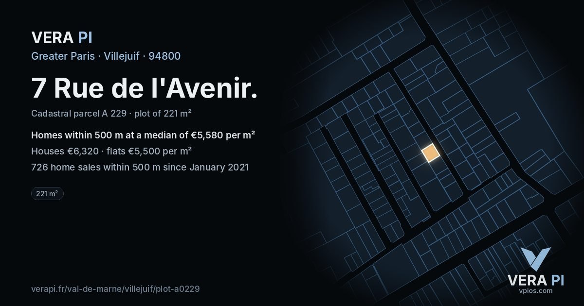 7 Rue de l'Avenir, Villejuif at night – the plot lit, the parcels around coloured by the prices near them