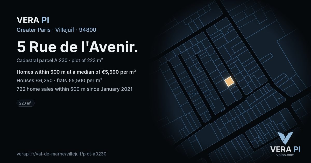5 Rue de l'Avenir, Villejuif at night – the plot lit, the parcels around coloured by the prices near them