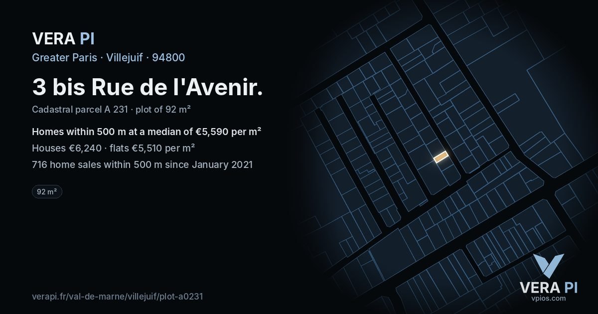 3 bis Rue de l'Avenir, Villejuif at night – the plot lit, the parcels around coloured by the prices near them