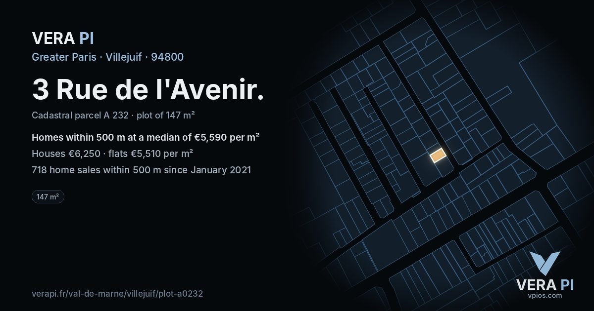 3 Rue de l'Avenir, Villejuif at night – the plot lit, the parcels around coloured by the prices near them