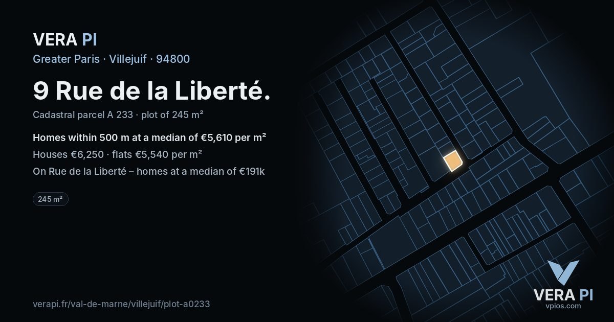 9 Rue de la Liberté, Villejuif at night – the plot lit, the parcels around coloured by the prices near them