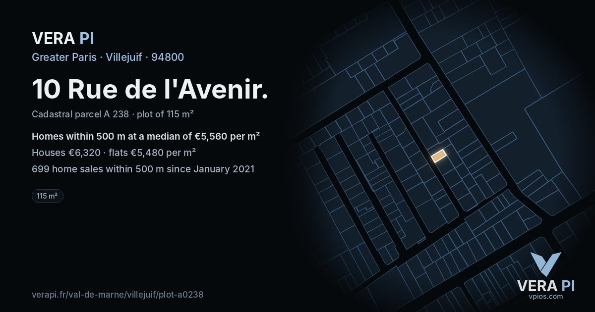 10 Rue de l'Avenir, Villejuif at night – the plot lit, the parcels around coloured by the prices near them