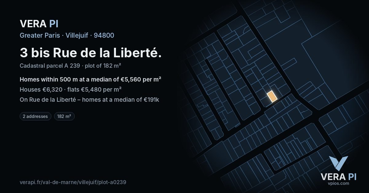 3 bis Rue de la Liberté, Villejuif at night – the plot lit, the parcels around coloured by the prices near them