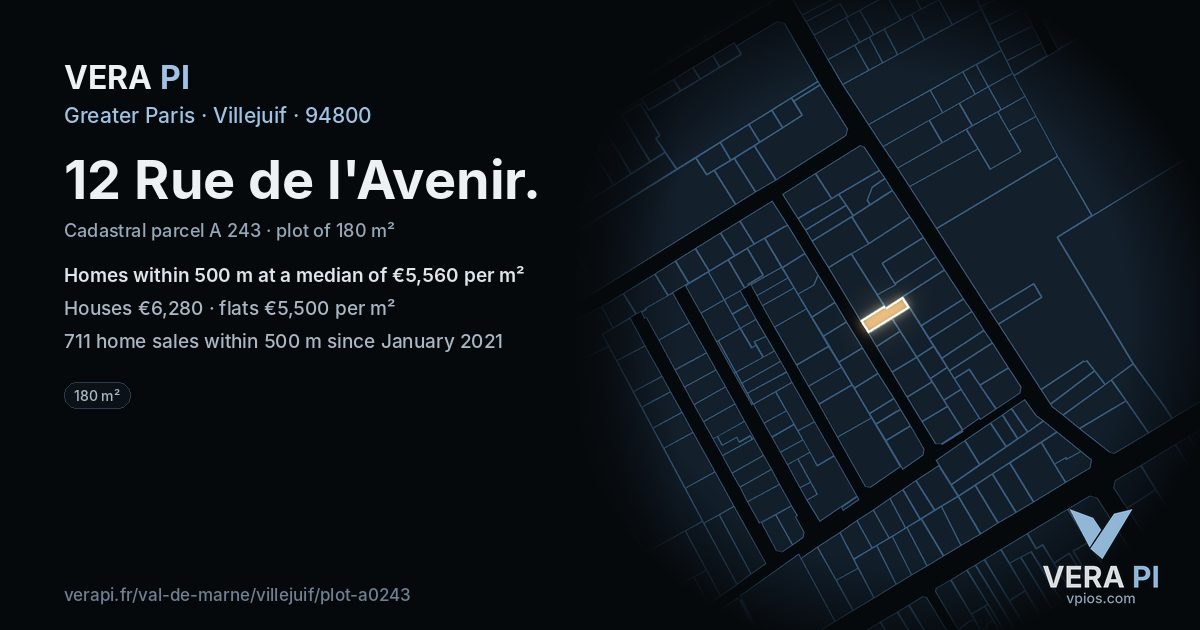 12 Rue de l'Avenir, Villejuif at night – the plot lit, the parcels around coloured by the prices near them