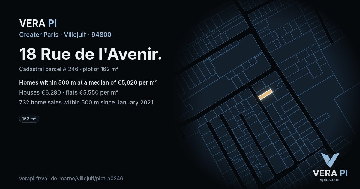 18 Rue de l'Avenir, Villejuif at night – the plot lit, the parcels around coloured by the prices near them