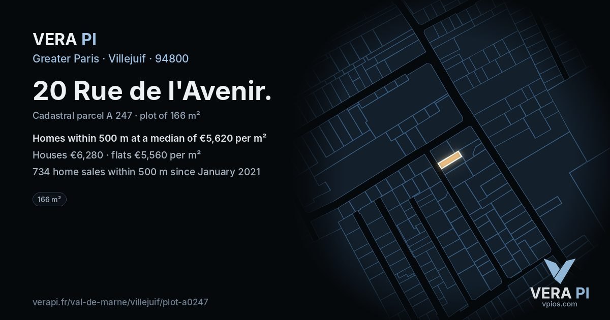 20 Rue de l'Avenir, Villejuif at night – the plot lit, the parcels around coloured by the prices near them