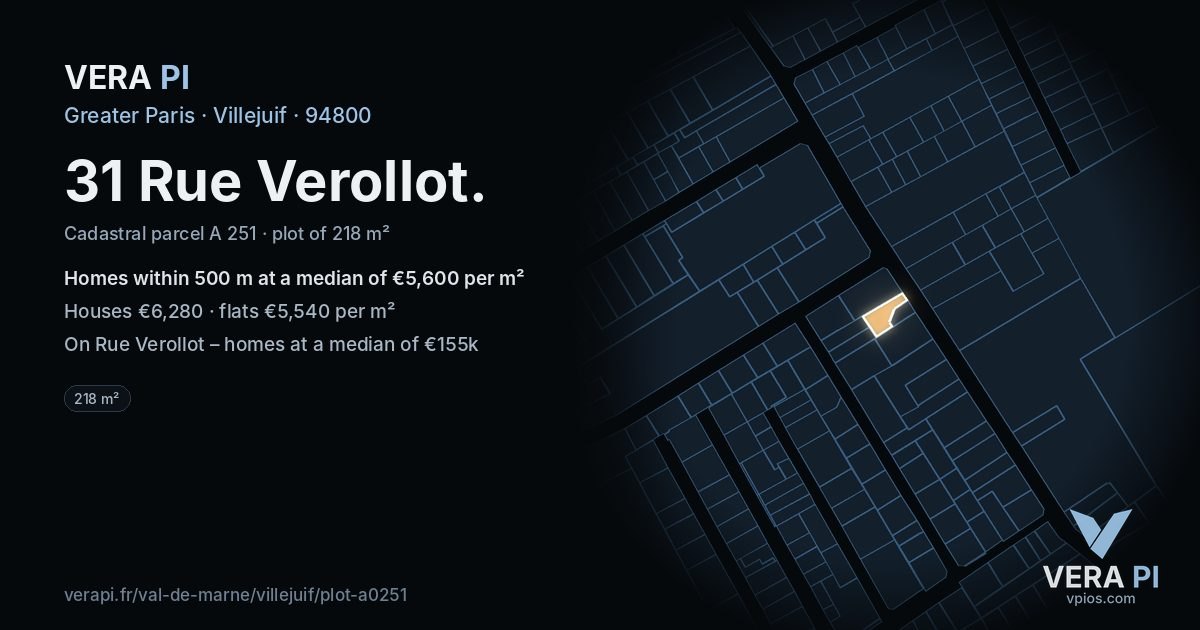 31 Rue Verollot, Villejuif at night – the plot lit, the parcels around coloured by the prices near them
