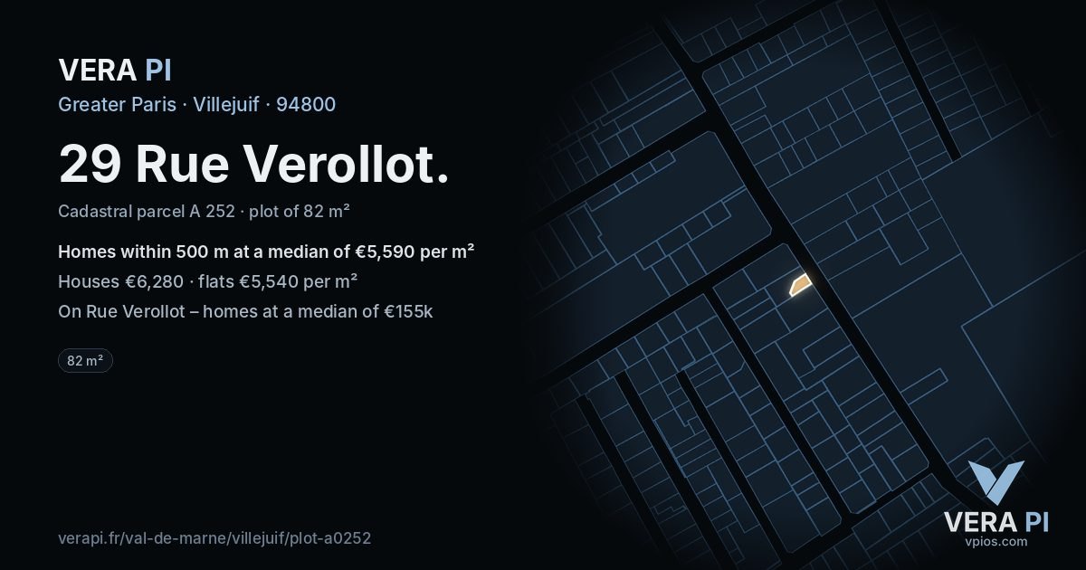 29 Rue Verollot, Villejuif at night – the plot lit, the parcels around coloured by the prices near them
