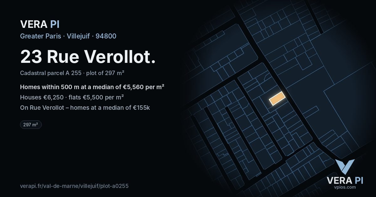23 Rue Verollot, Villejuif at night – the plot lit, the parcels around coloured by the prices near them